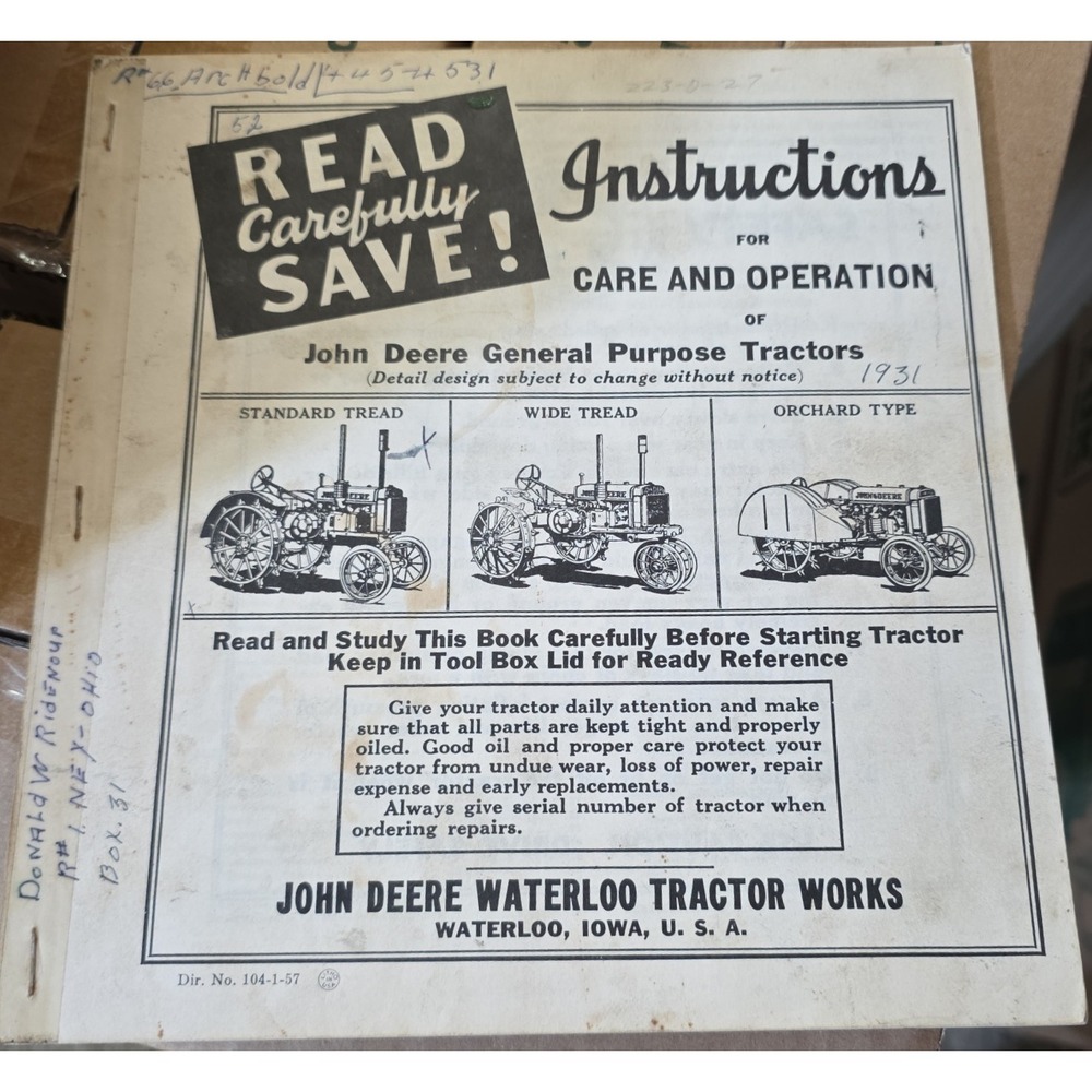 1931 John Deere General Purpose Tractors Instructions Care and Operation Manual